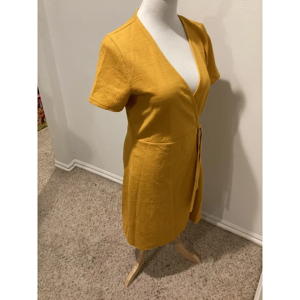 J. Crew Mustard Yellow Linen Blend Wrap Dress Short Sleeve Tie Waist Midi Size M